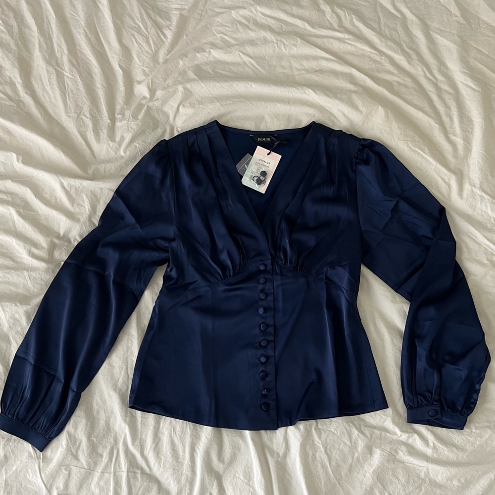 Navy silk button down blouse